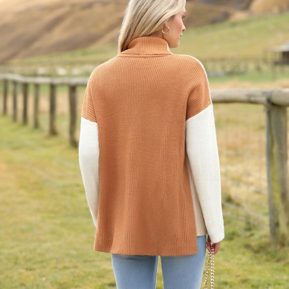 Zeagoo Colorblock Turtleneck Sweater XL Oversized Neutral Knit - Picture 2 of 6